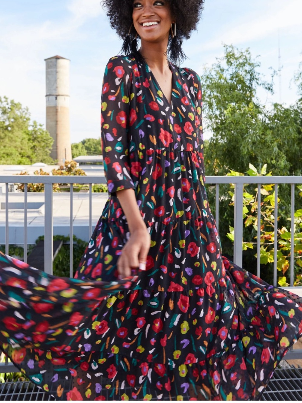 Crosby By Mollie Burch Tiered Midi Dress XS Boho Poppies Flowy Floral Feminine
